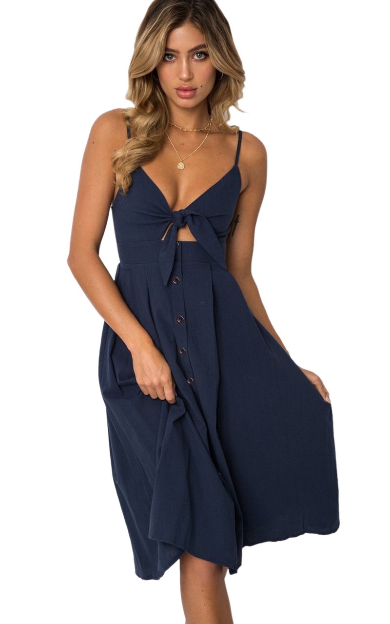 ECOWISH Women 2024 Summer Dresses Tie Front V-Neck Spaghetti Strap Button Down A-Line Backless Swing Midi Dress 572 Navy Blue L - Image 1